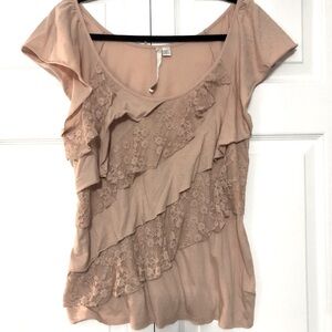 LC Lauren Conrad Tan Flutter Sleeve Blouse with Ruffled Asymmetrical Design